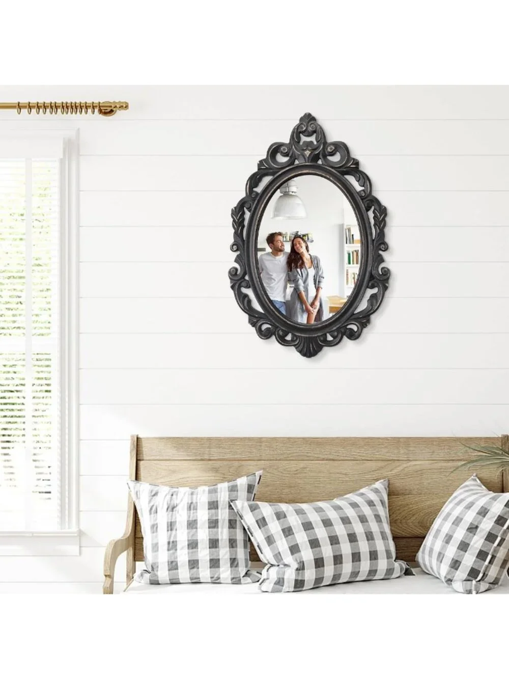 Vintage Black Oval Wooden Frame Wall Mirror - Baroque Style Decorative Antique